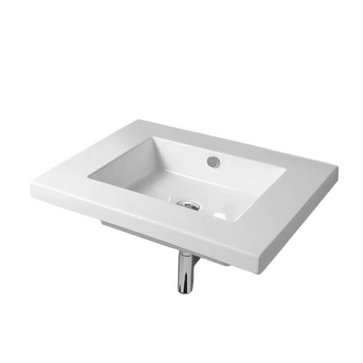 Lavabo de salle de bain mural rectangulaire en céramique avec trop-plein Mars, Aucun trou
