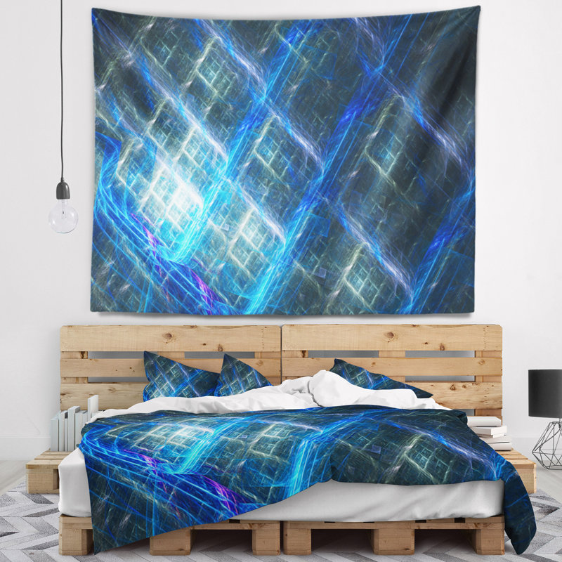 Tapisserie abstraite bleue brillante fractale, H 32 po x l 39 po