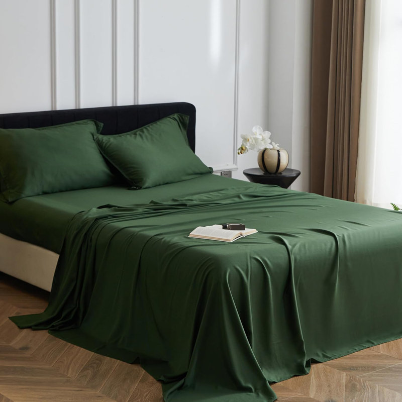 Ensemble de draps en rayonne de bambou, Vert foncé, Ensemble de draps pour lit double avec 2 taies d'o