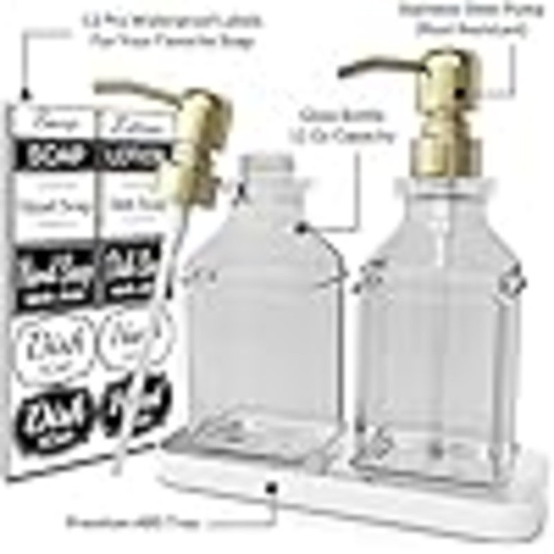 Distributeur de savon - Paquet de 2, distributeurs de savon à main en verre épais de conception antique avec plateau robuste; 304 pompe en acier inoxydable antirouille 304, autocollants 12 pièces, pour la cuisine et la salle de bain
