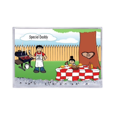 Personalized Family Backyard Barbeque Single Dad 1 girl Snow Globe Frame Gift