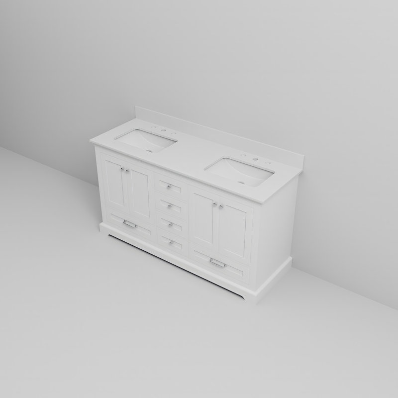 Tybee Double Bath Vanity, White, 60", White Cultured Marble