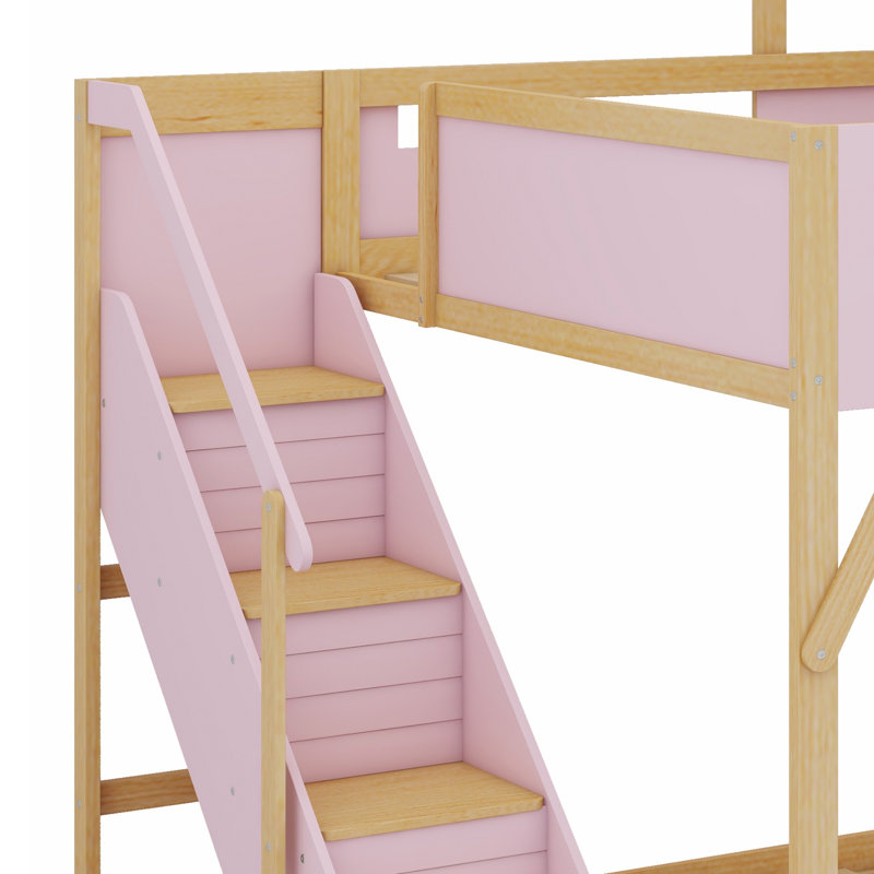 Lit superposé élégant pour enfants avec escalier pratique et lumières DEL, Full over Full, Pink