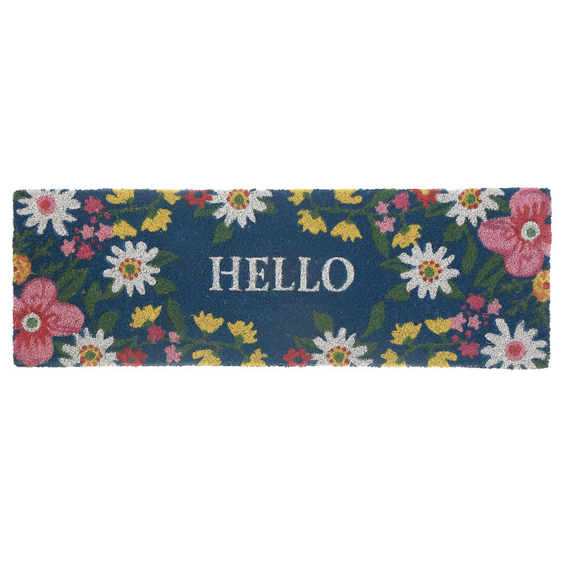 Tapis de porte en fibre de coco floral Hello 10 po x 30 po
