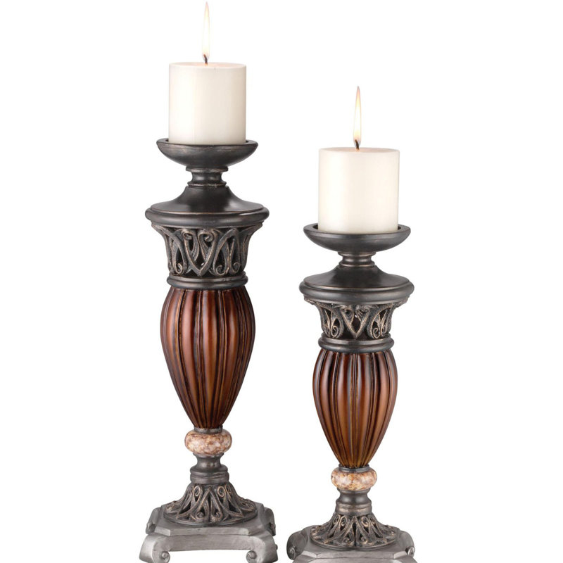 Ensemble de deux porte-bougies piliers de table bronze et brun