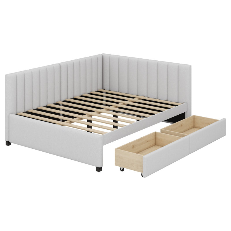 Full-Sized Upholstered Daybed Featuring Two Storage Drawers, Beige
