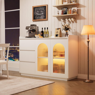 Table basse avec armoire à café, armoire de rangement 48 po, buffet moderne avec 3 tiroirs, portes en verre avec 3 lumières à DEL de couleur, bar pour la cuisine et mobilier de salle à manger