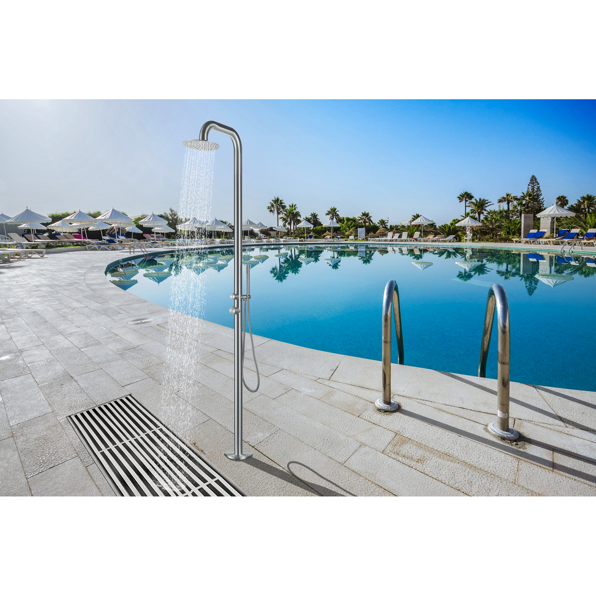 Stainless Steel Free Standing Outdoor Shower, Brushed