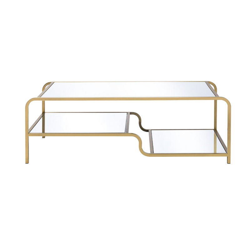 Table basse dorée - tablettes en miroir, présentoirs avec cadre supérieur en métal doré, robuste