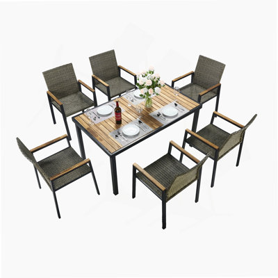 Ensemble de table de salle à manger 7 pièces toutes saisons, ensemble de conversation pour terrasse avec trou pour parasol et extérieur en rotin