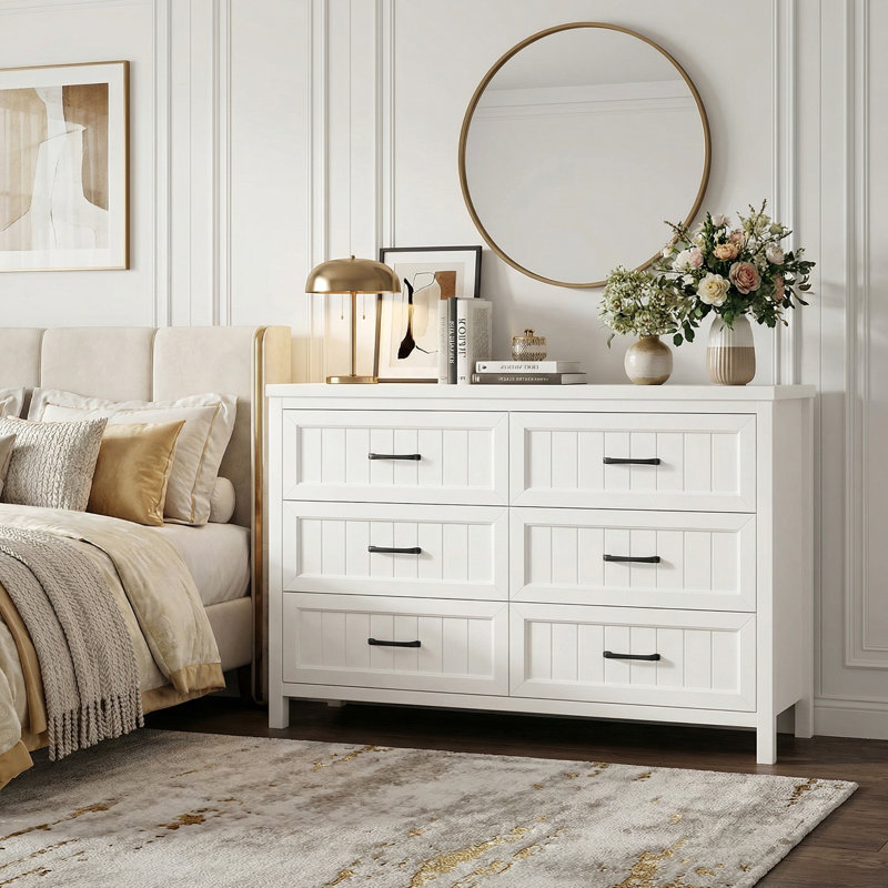 American Style 6-Drawer Dresser, White Engineered Wood Chest of Drawers with Anti-Tipping Hardware, 6-Drawer