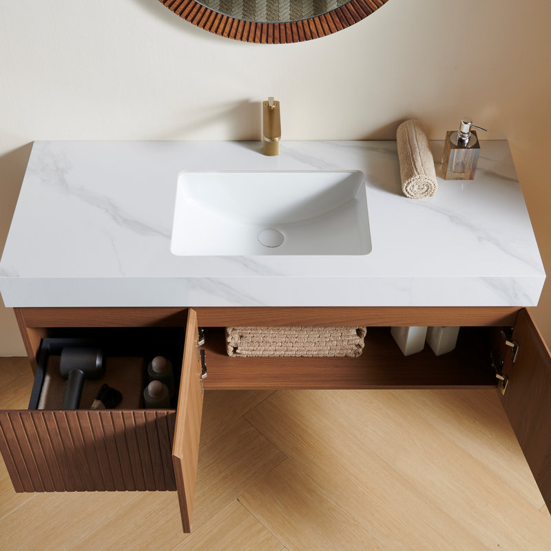 Muri 48"Striped Solid Wood Bathroom Vanity, Light Gray, 48", Brown Oak