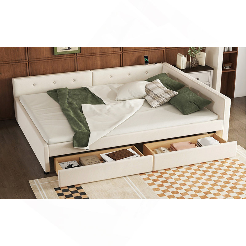 Grand lit plateforme tapissier avec port USB et 2 tiroirs, beige