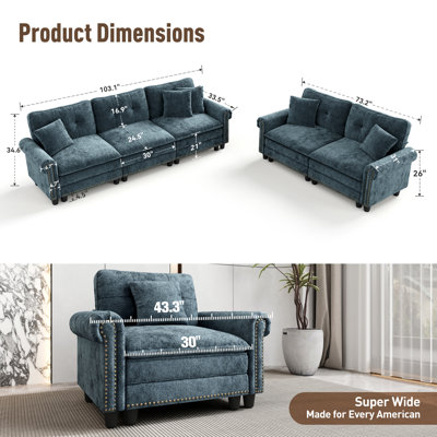 2-Piece Upholstered Living Room Set with Sofa and Loveseat, Oversized Deep Seat Modular Couch in Linen-Look with Nailhead Trim