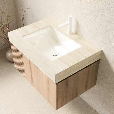 Meuble-lavabo de 76 cm (30 po), armoire flottante en contreplaqué avec tiroirs et portes, comptoir en pierre frittée, lavabo en céramique, 1 trou pré-percé pour robinet, assemblé, fini chêne blanc, lavabo avec espace de rangement.
