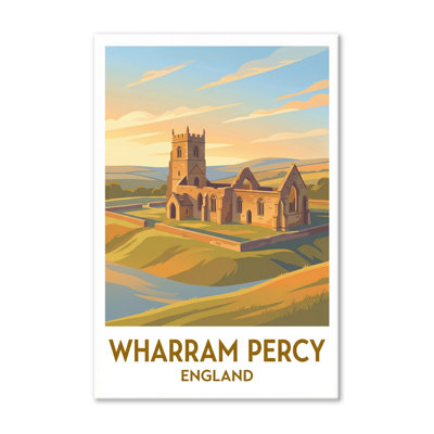 Wharram Percy, England - Romantic Travel Poster of Medieval Ruins and Yorkshire Wolds. Giclee Print on Wrapped Canvas. Wall Art, Home Decor - Historic Sites & Ruins, England 1 Piece Wrapped Canvas Wall Art