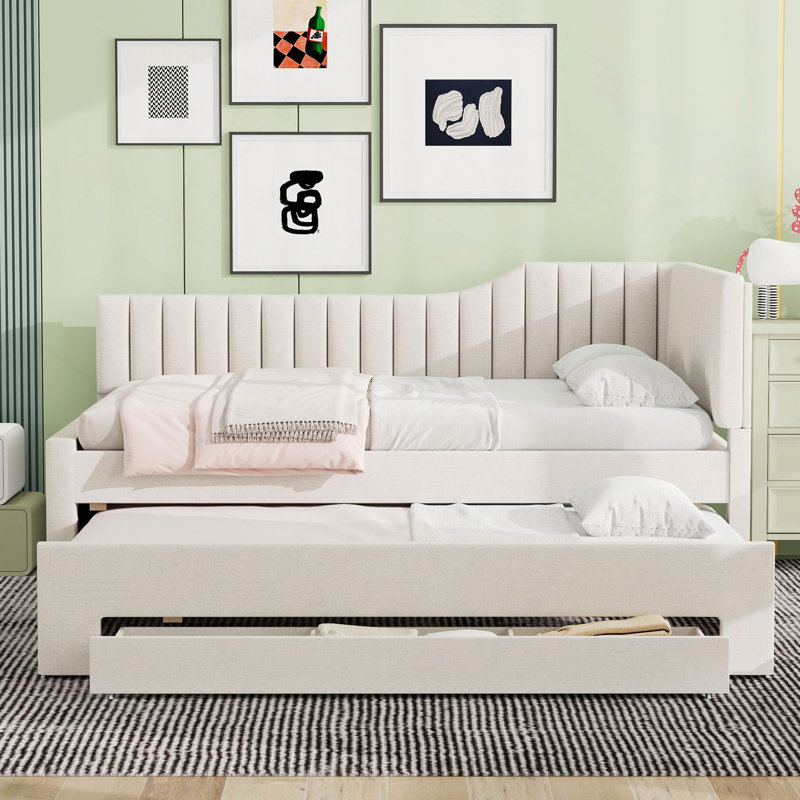Upholstered Daybed With Trundle And Three Drawers, Beige, Full/Double