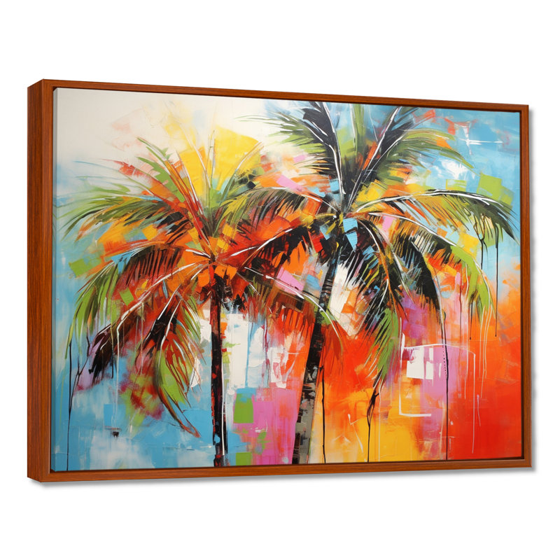 «Popart Palm Trees I», reproduction d'art sur toile Palm Trees, H 34 po x l 44 po x P 1,5 po, Cadre flottant brun