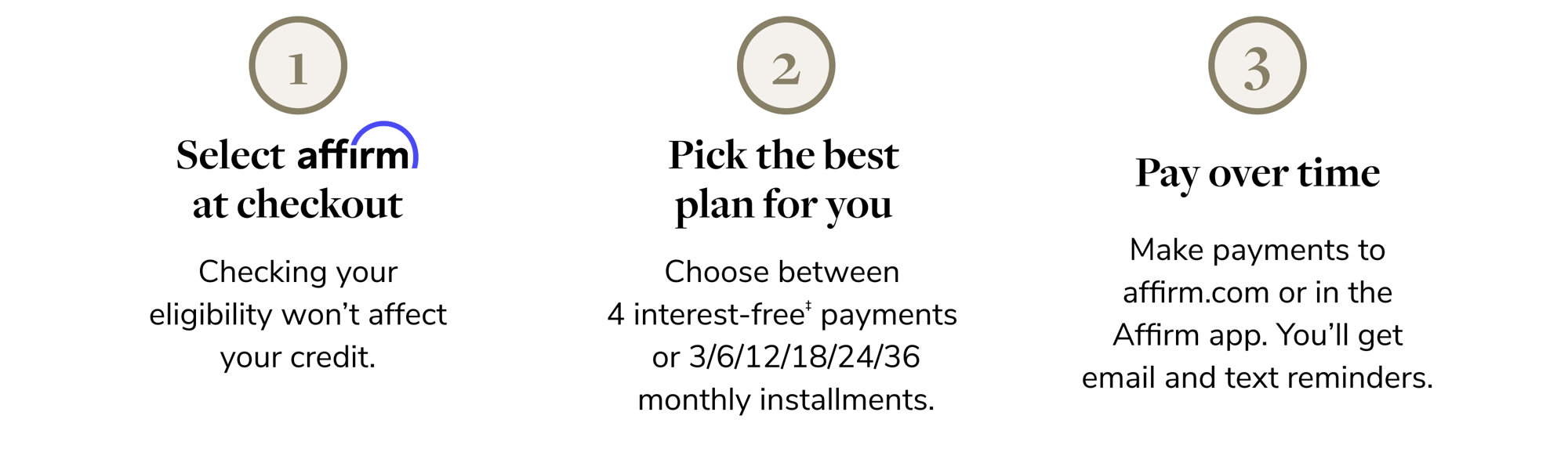 1. Select Affirm at checkout. Checking your eligibility won’t affect your credit. 2. Pick the best plan for you. Choose between 4 interest-free payments or 3/6/12/18/24/36 monthly installments. 3. Pay over time. Make payments to affirm.com or in the Affirm app. You’ll get email and text reminders.