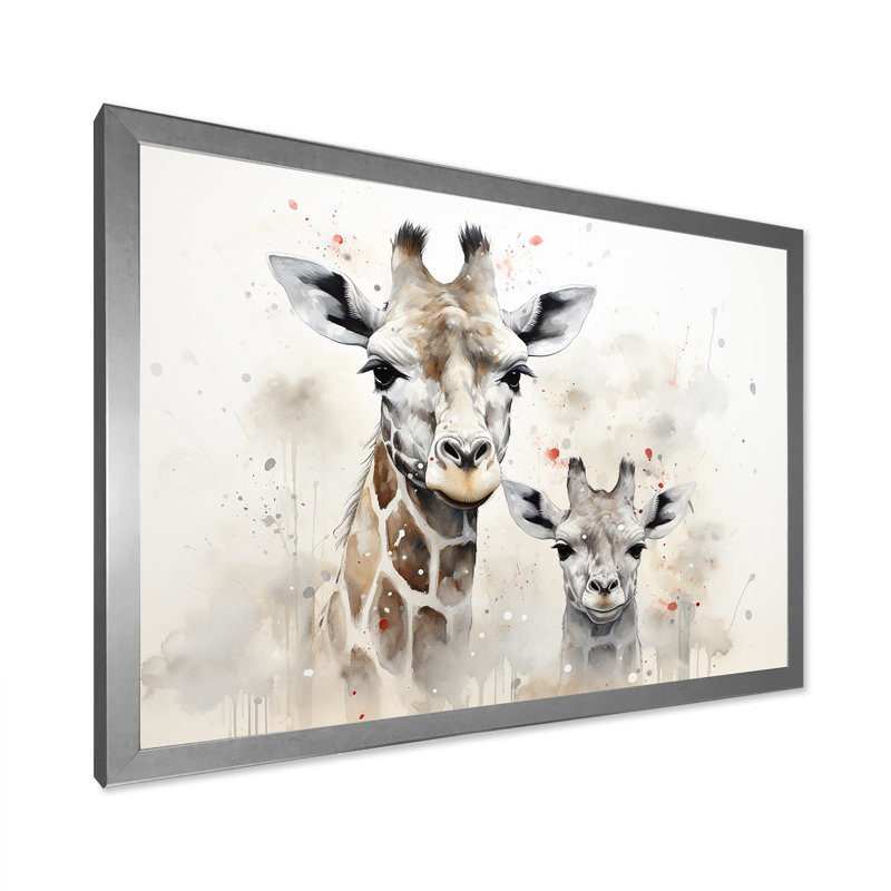 Famille de girafe beige ludique, Cadre simple argenté, H 24 po x l 32 po x P 1 po