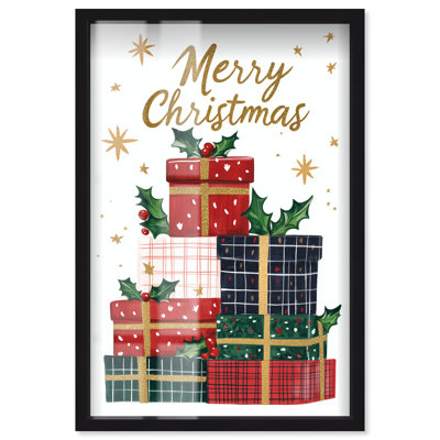 Décoration de Noël Merry Christmas Gift I Shadowbox Print par Art Remedy, cadre noir, 37 x 55