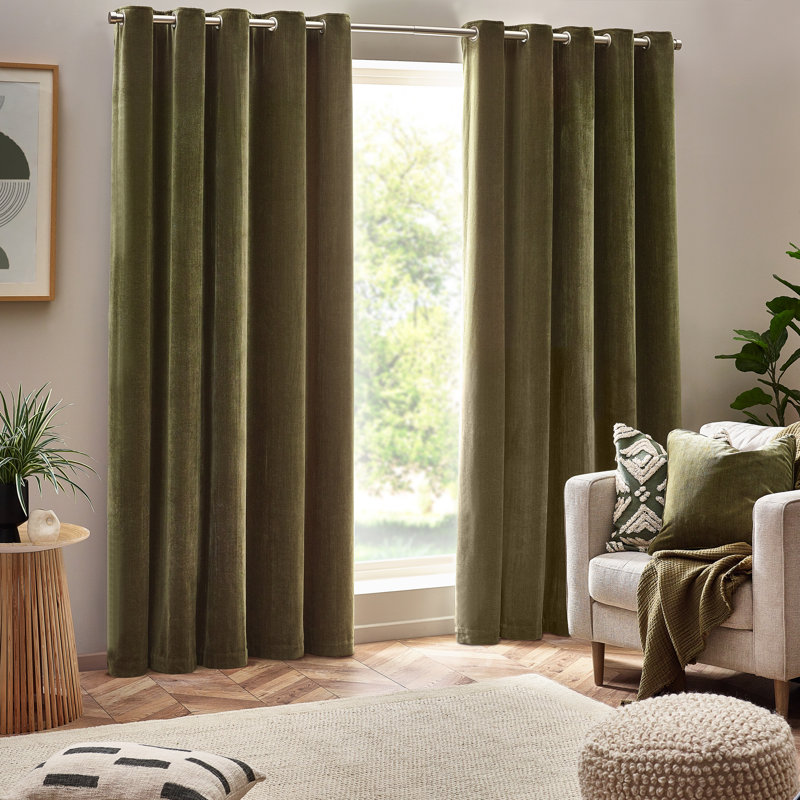 Heavy Chenille Room Darkening Eyelet Curtains, Olive, 117cm Width x 137cm Drop