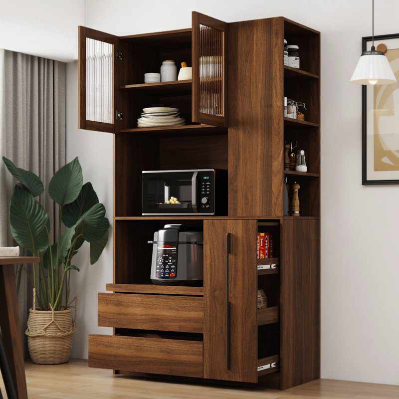 Grand garde-manger 70,87 "avec porte vitrée, 2 tiroirs et rangement coulissant - Support pour micro-ondes autoportant