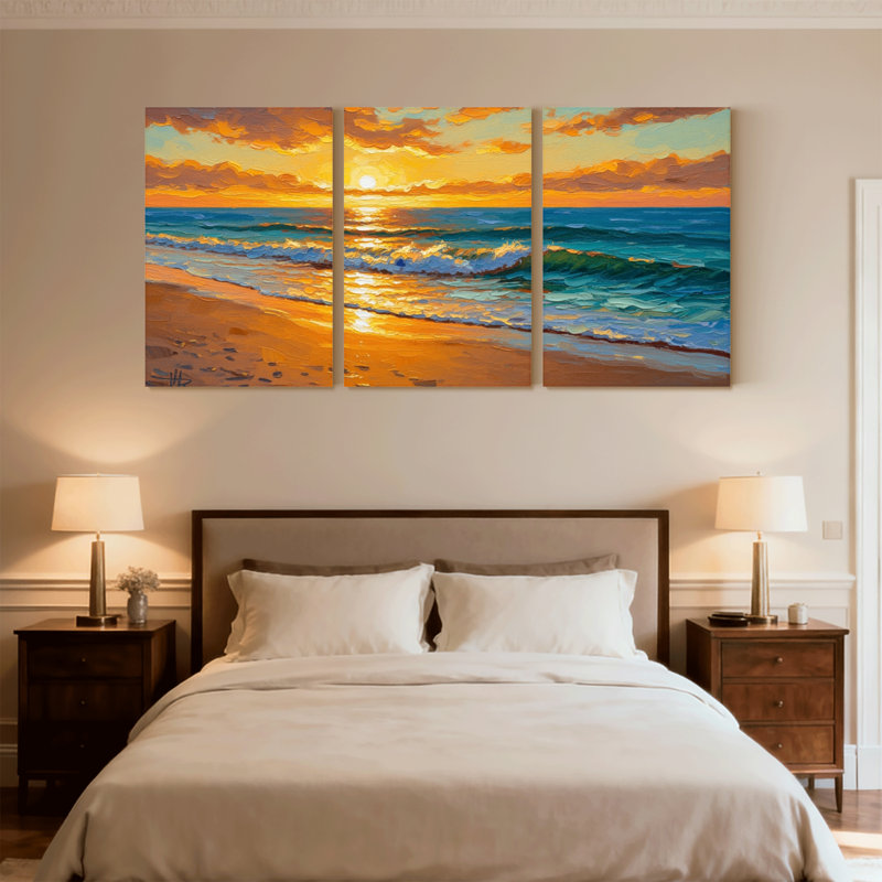 Nautique et plage coucher de soleil océan vagues plage ciel nuages sable clair ensemble de 3 impressions d'art sur toile