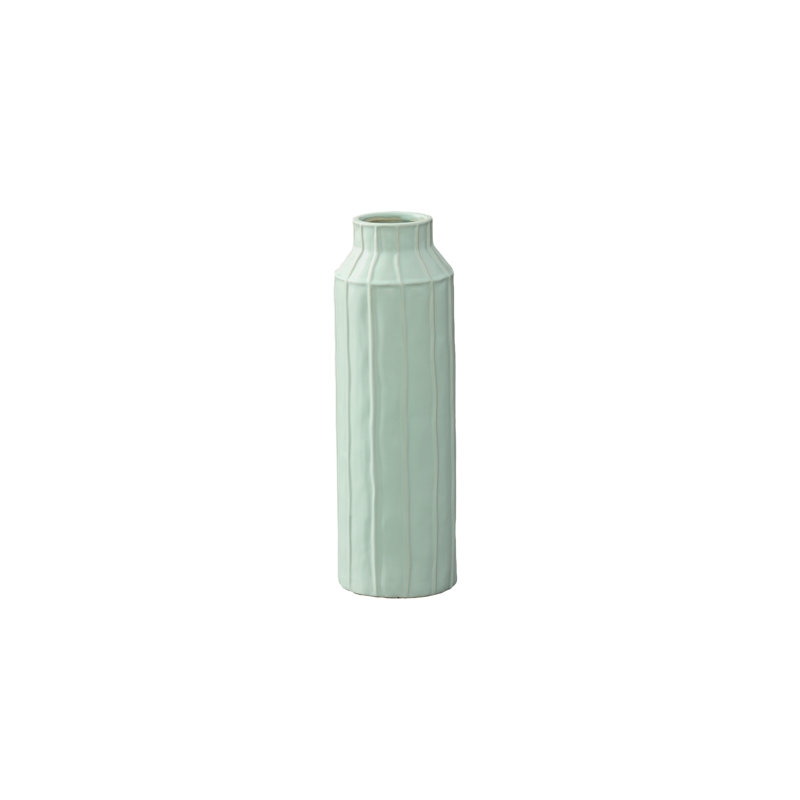 Ceramic Round Urn Vase with Embossed Line Column Pattern Design Body and Tapered Bottom LG Matte, Blue