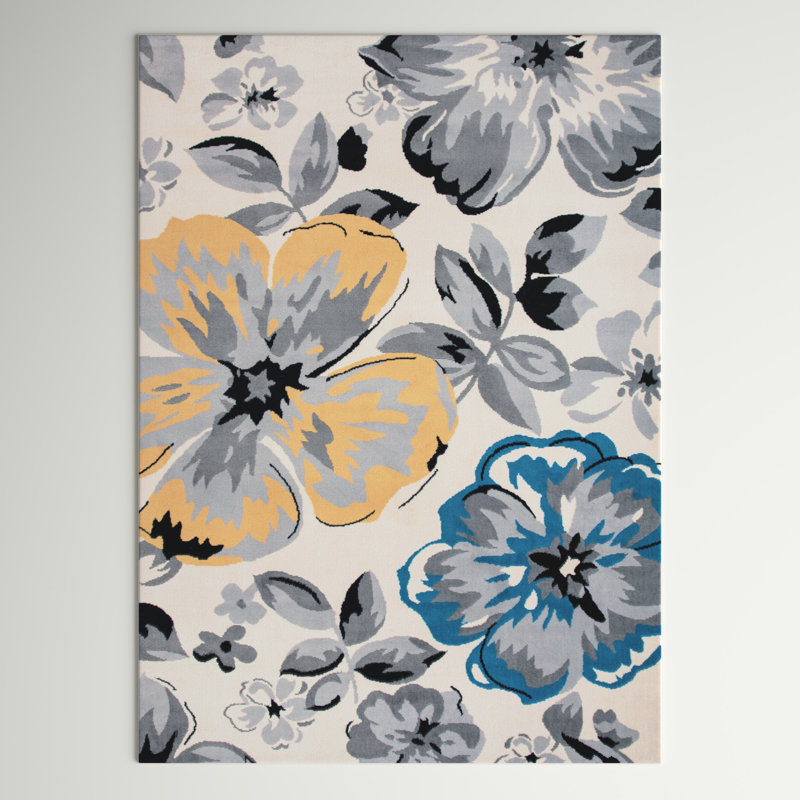 Tapis performance crème / jaune / bleu à motif floral moderne, Rectangle 5 pi x 7 pi