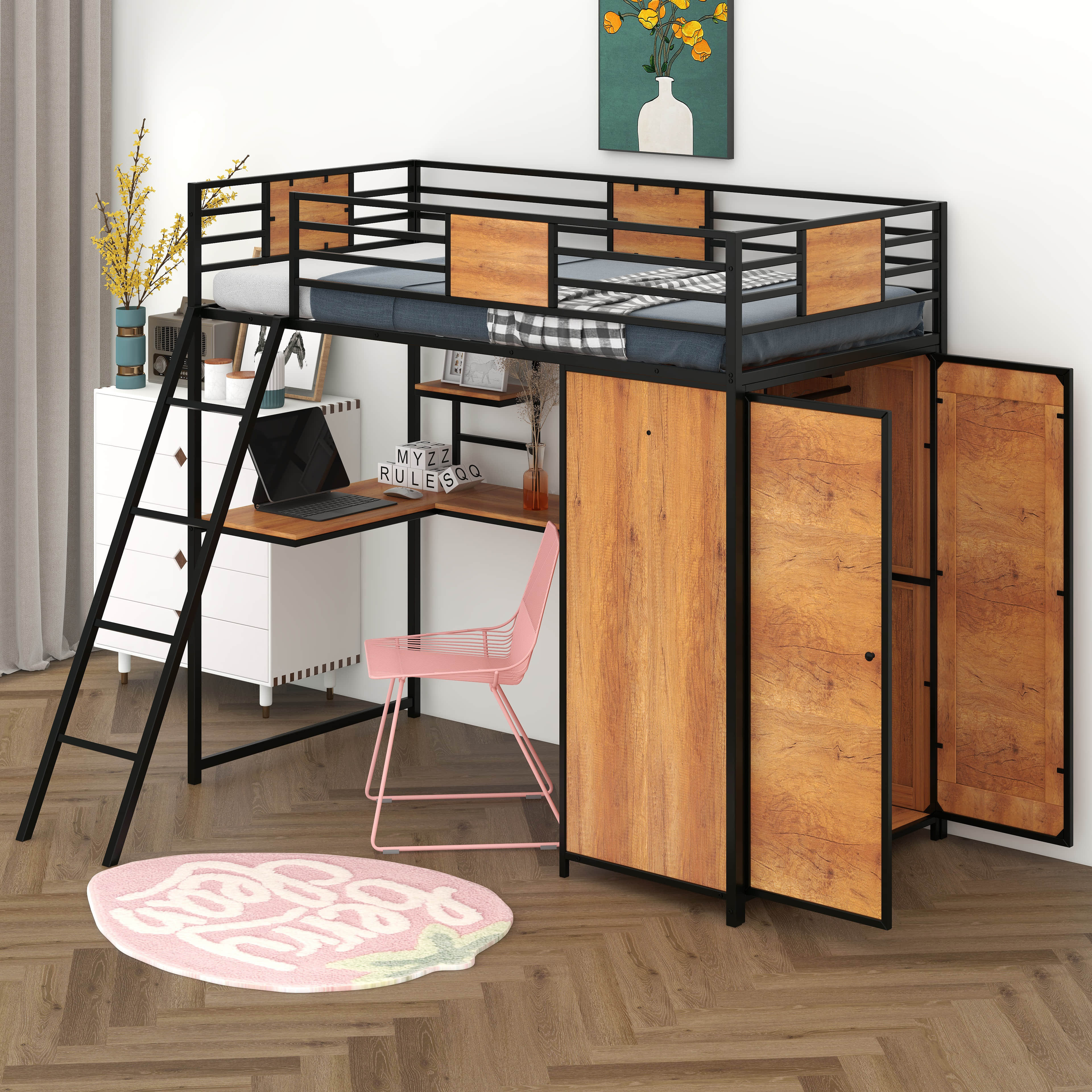 Latitude Run® Twin Size Loft Bed With L-Shape Desk And Wardrobe ...