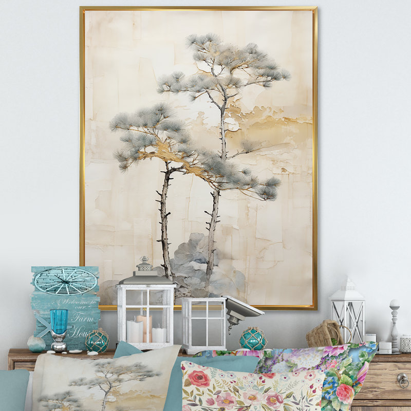 " Beige Tree Pine Tranquility III ", Gold Floater Framed, 32" H x 16" W x 1" D