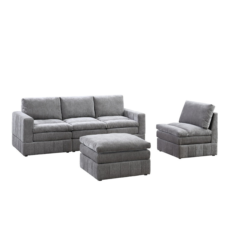 Canapé modulaire contemporain 5 pièces, 2 fauteuils à un accoudoir, 1 accoudoir sans accoudoirs, tissu en suède, coussin triple couche, canapé modulaire 5 modulaires au look moderne, suède graphite, assise avec plateau-coussin, design