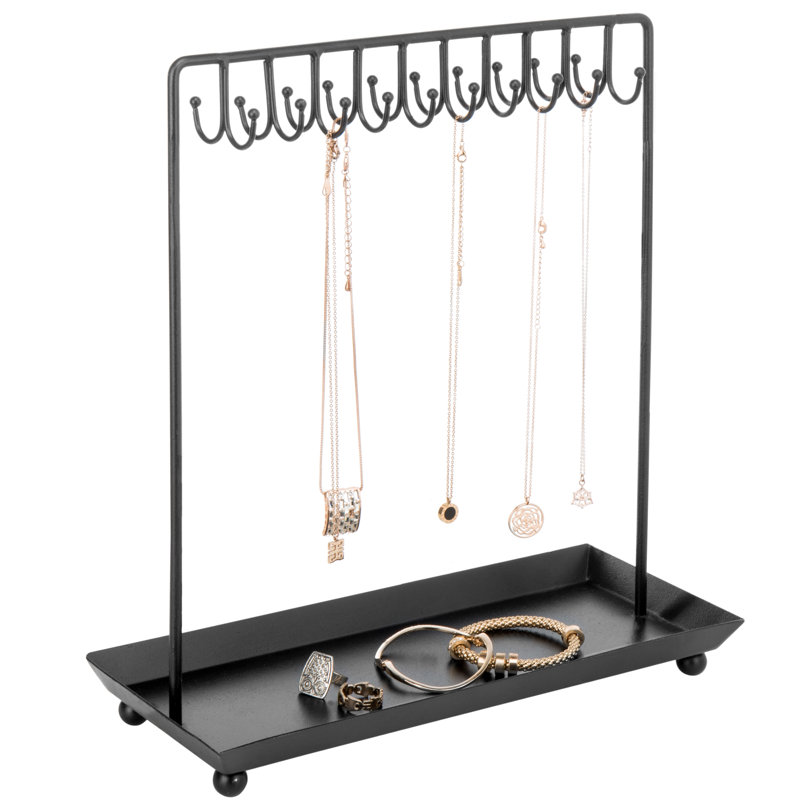 Black Metal 14-Inch Jewelry Organizer Stand with Hooks and Tray
