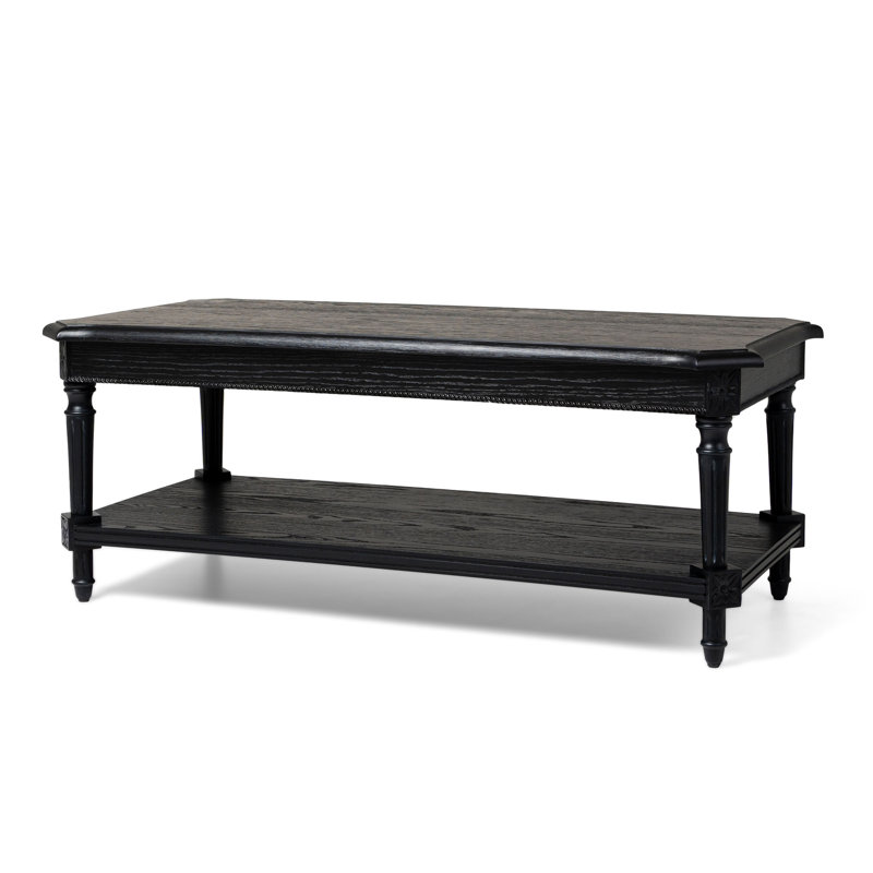 Antiqued Black Traditional Rectangular Wooden Coffee Table with Shelf