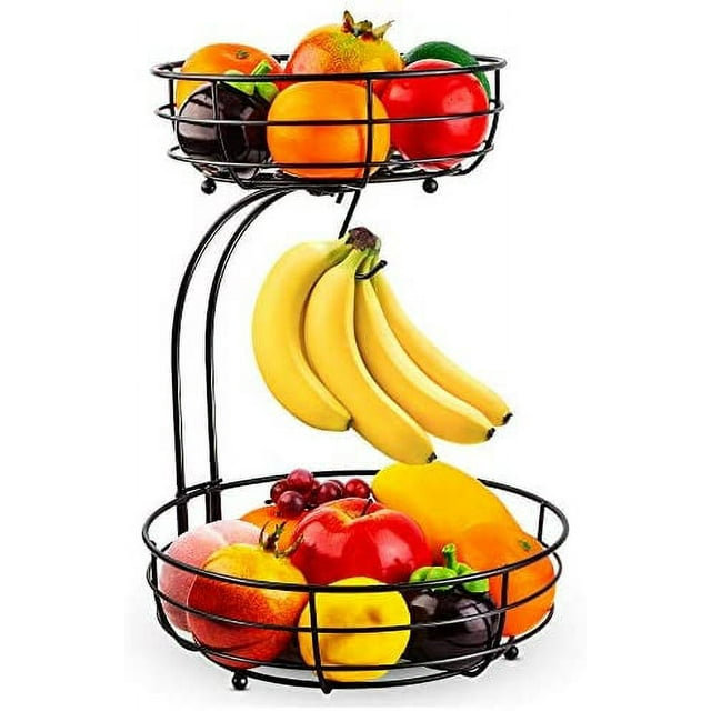Panier de fruits et légumes noirs à 2 niveaux avec support à banane
