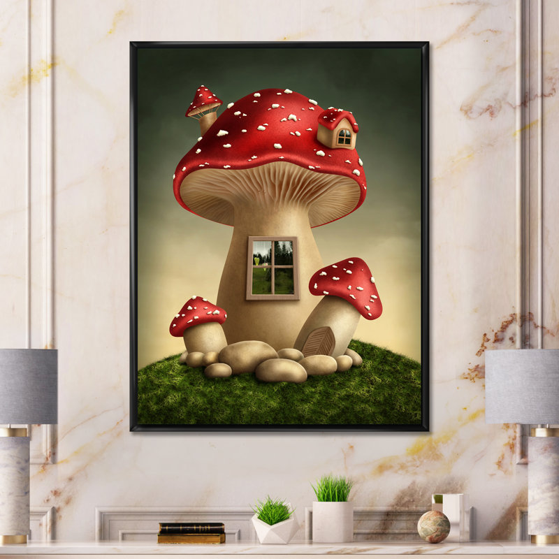 Fantasy Mushroom House - Painting on Canvas, Black Floater Frame Canvas, 44" H x 34" W