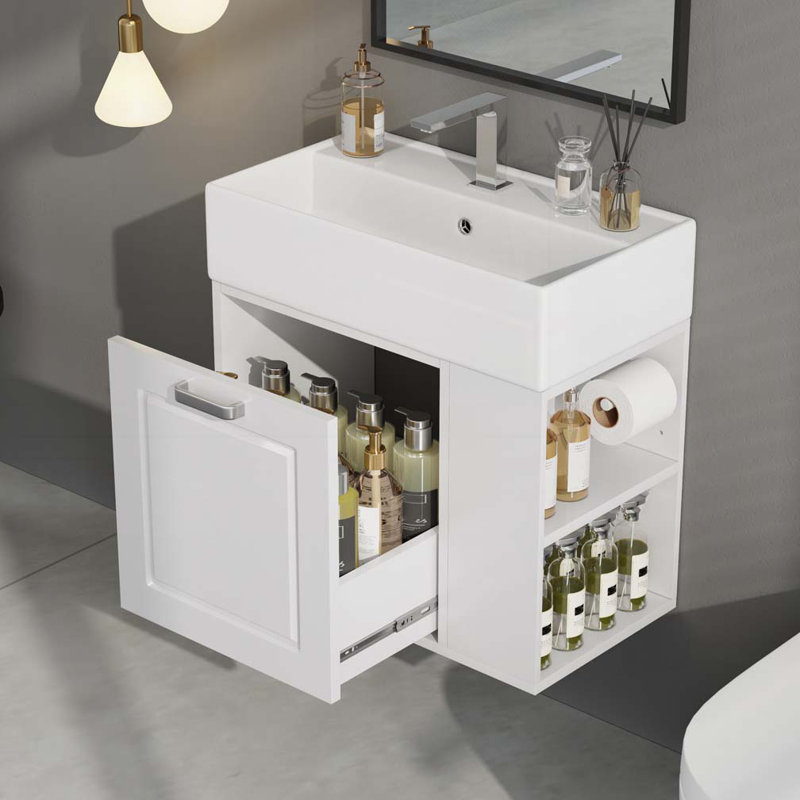Meuble-lavabo de salle de bain avec lavabo, armoire flottante murale, grand tiroir et tablette réglable, Blanc