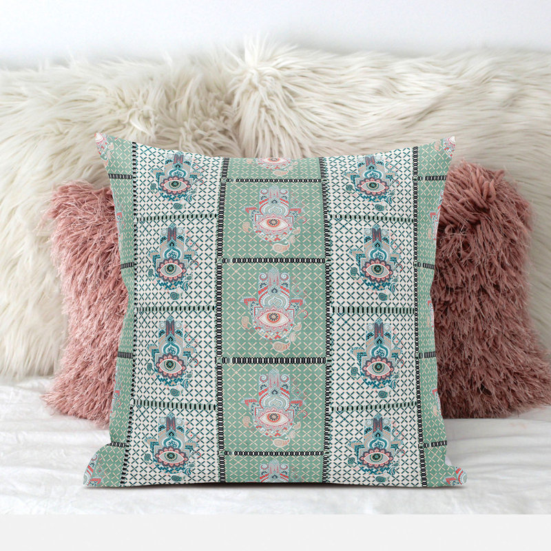 White and Green Faux Suede Hamsa Hand Paisley Throw Pillow
