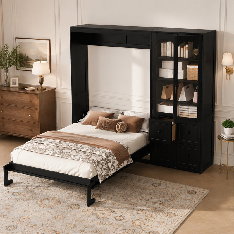 Murphy Bed with Reversible Side Cabinet, Acrylic Doors, Four Drawers and Multi-Shelf Storage System for Space Saving Home Organization