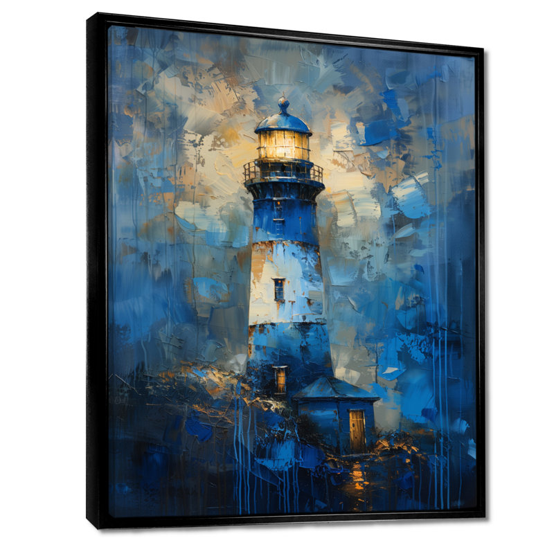 Tempête bleue tour de phare I - impression d'art mural phares, H 30 po x l 40 po, Cadre flottant noir