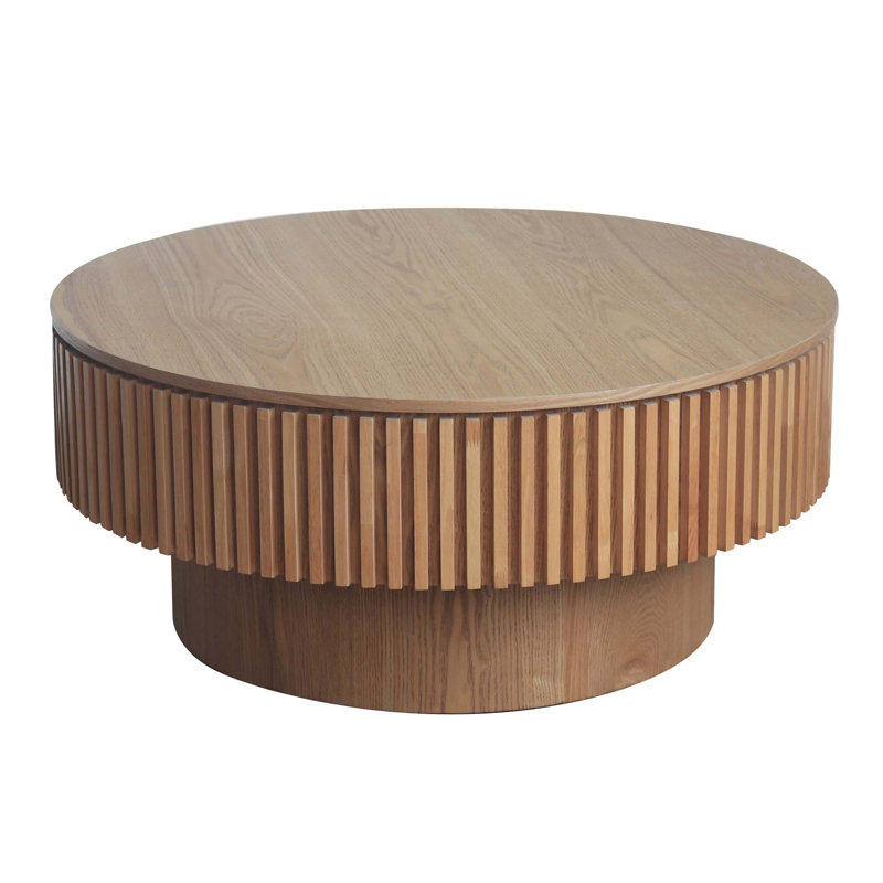 31.5" Modern Round Coffee Table With Storage Solid Wood Veneered Coffee Table Accent Tea Table, Natural