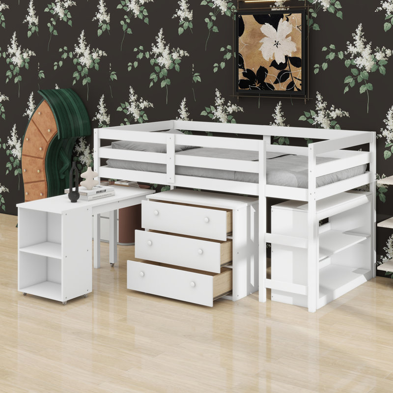 Lit mezzanine bas avec armoire de rangement et bureau portatif à roulettes, White