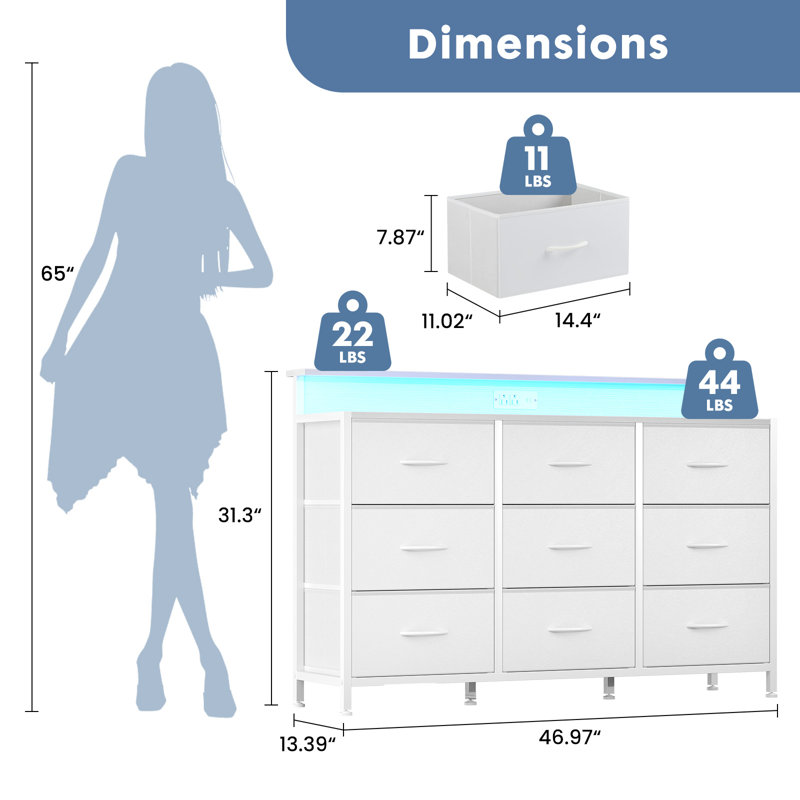 TV Stand for up to 55 inch TV, Entertainment Center with LED Lights & Charging Station, TV Media Console Table with 9 Fabric Drawers and Open Shelves, Storage Dresser
