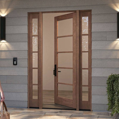 Single Door, + 2xSidelites RTA Prehung Exterior, SDL 5 Lite, Unfinished Mahogany Wood
