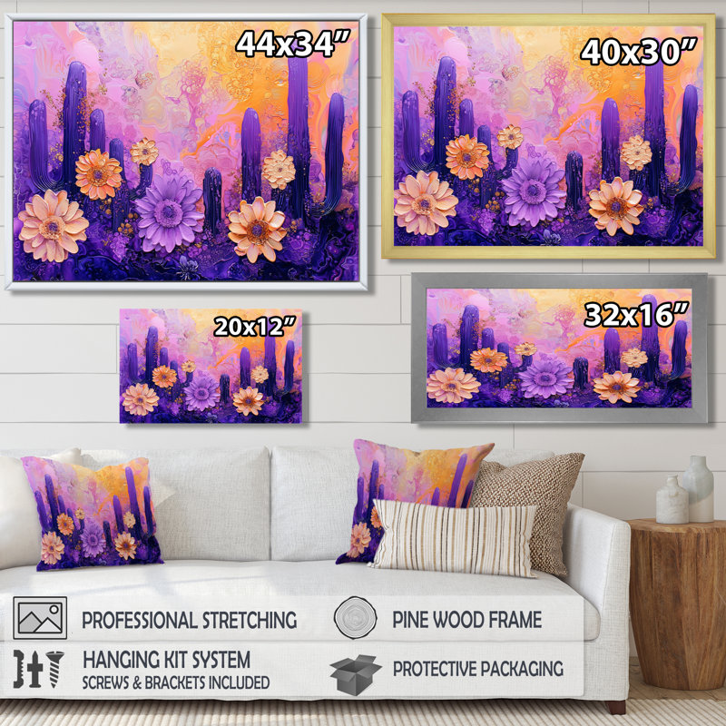 Paysage de rêve, paysage de cactus lavande - art mural floral cactus, Toile tendue, Ne s’applique pas, H 24 po x l 32 po