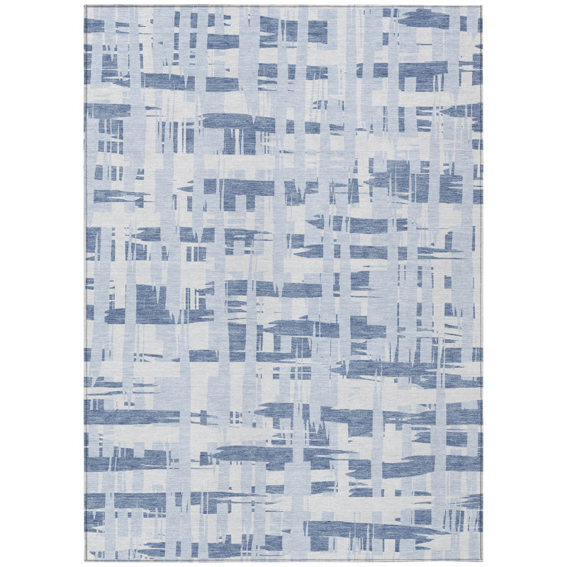 3' X 5' Blue Ivory And Sky Blue Striped Washable Indoor Outdoor Area Rug