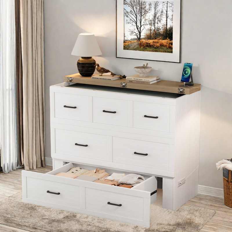 Multi-functional Foldable Murphy Bed  With Charging Station And 1 Large Storage Drawer, White, Full
