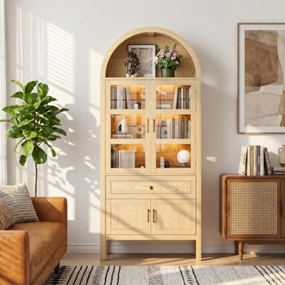 71'' Tall Full Wood Arched Storage Cabinet Adjustable Shelves Bookcase With LED Lights