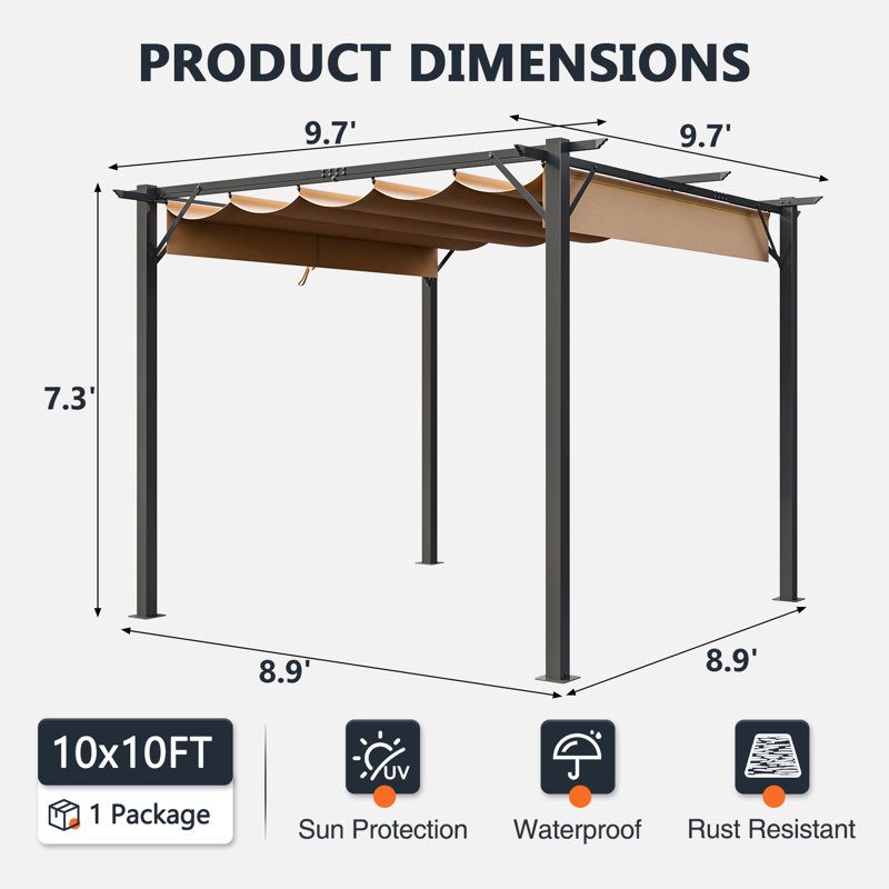 Pergola d'extérieur en métal avec auvent rétractable et support d'ancrage l 10 pi x P 10 pi